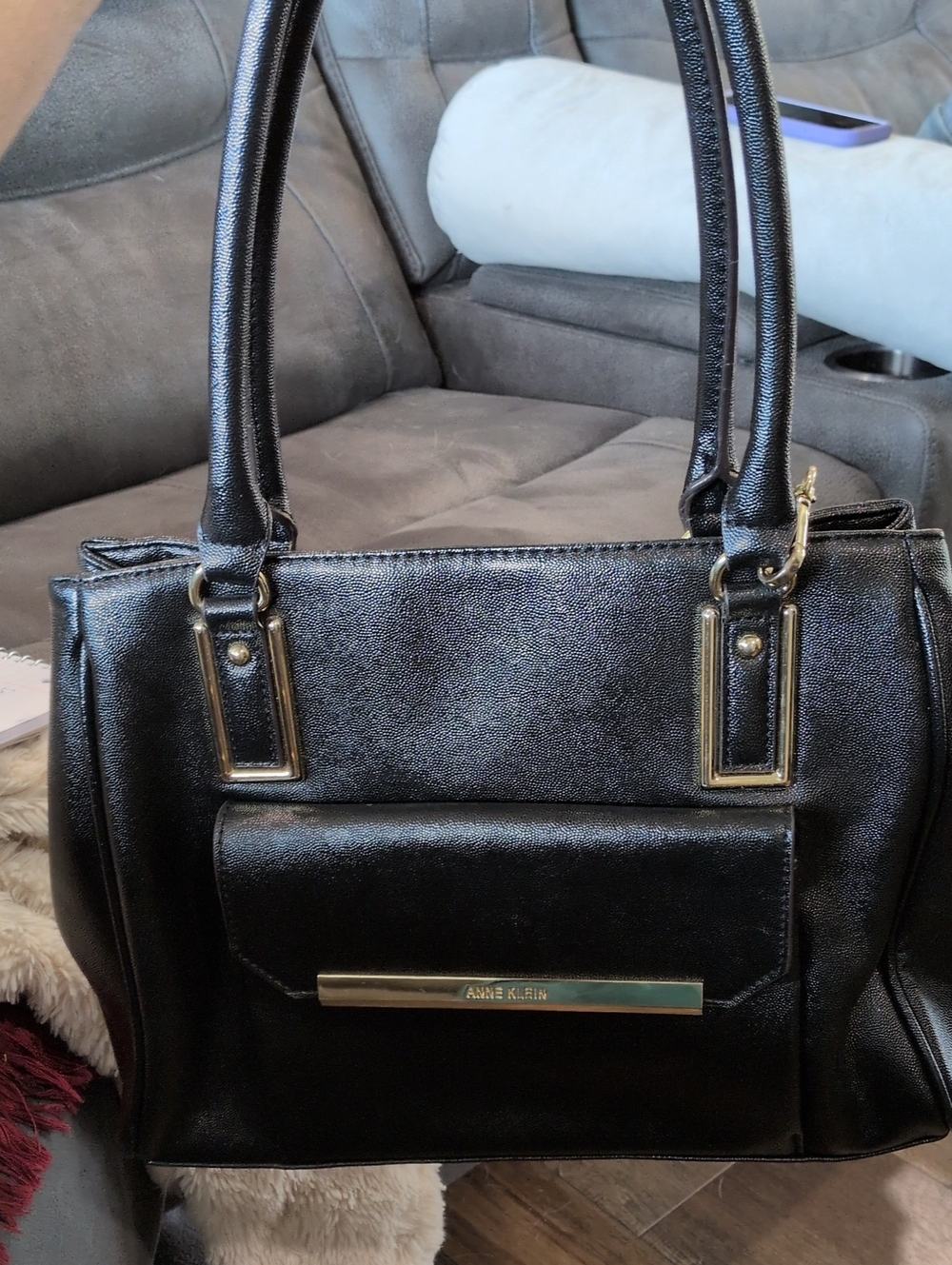 Anne Klein Black Faux Leather Shoulder Satchel with Gold-Tone Trim